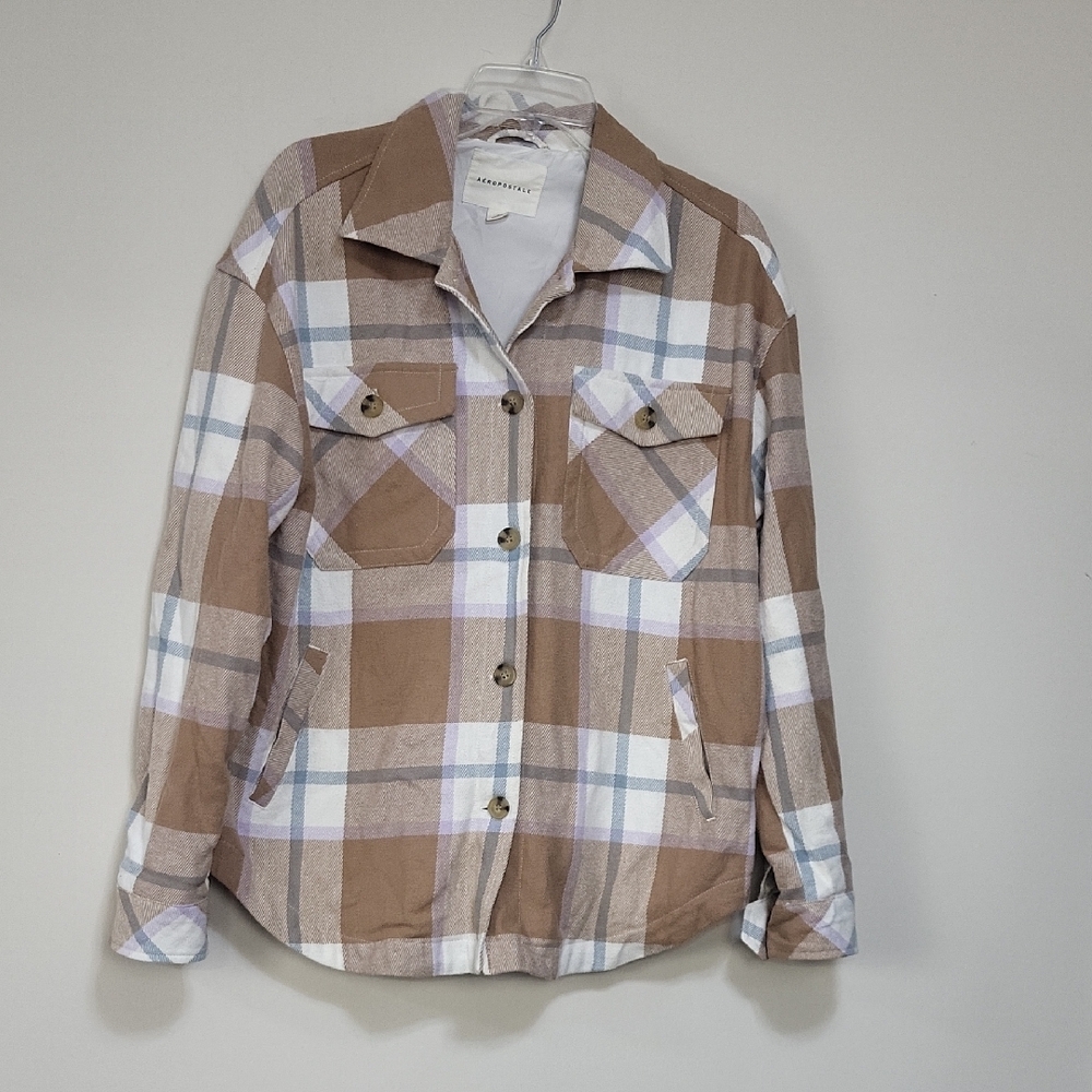 AEROPOSTLE Tan Purple Blue Organically Grown Cotton Plaid Flannel Pockey Shacket